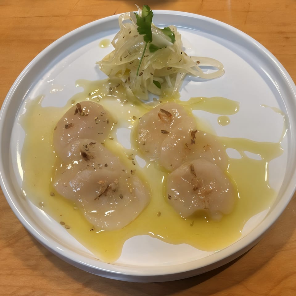 Scallop sashimi with fennel salad and olive oil on a white plate at Sushi Bei.