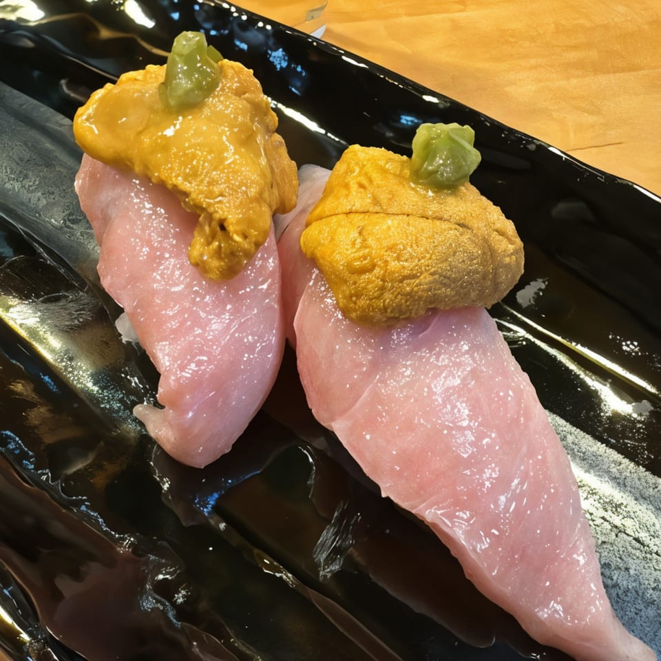 Two pieces of pink tuna sushi topped with bright orange uni and a dollop of green wasabi.