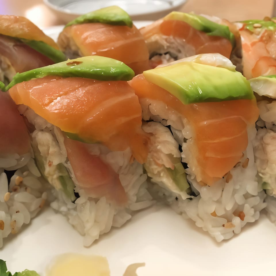 Close-up of Sushi Bei's salmon and avocado sushi rolls on a white plate.