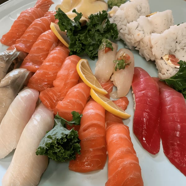 A platter of Sushi Bei's fresh salmon, tuna, and white fish nigiri with lemon slices and greens.
