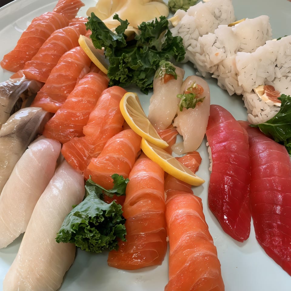 A vibrant platter of Sushi Bei's fresh sushi and sashimi, featuring salmon, tuna, and white fish.