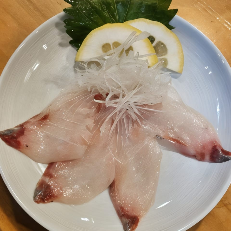 Delicate slices of white fish sashimi with shredded daikon, lemon, and shiso leaf on a white plate.